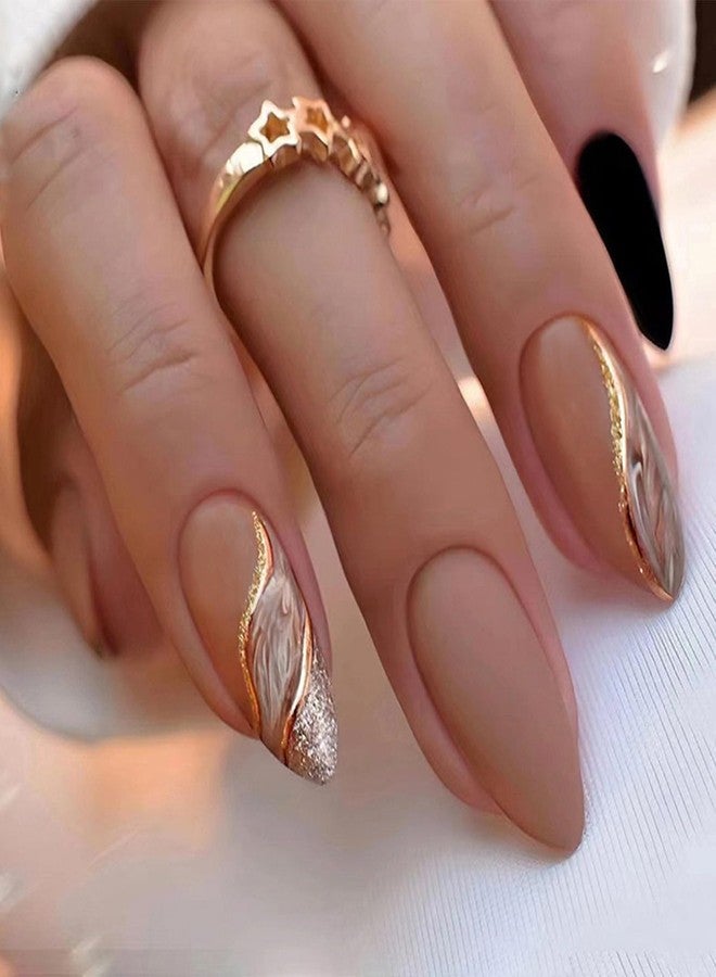 TOGZOM Almond Press on Nails Medium Fake Nails Nude False Nails with Designs Gold Glitter Line Glue on Nail Marble Full Cover Acrylic Nails Brown Matte Stick on Nail for Women 24 Pcs - Image 1